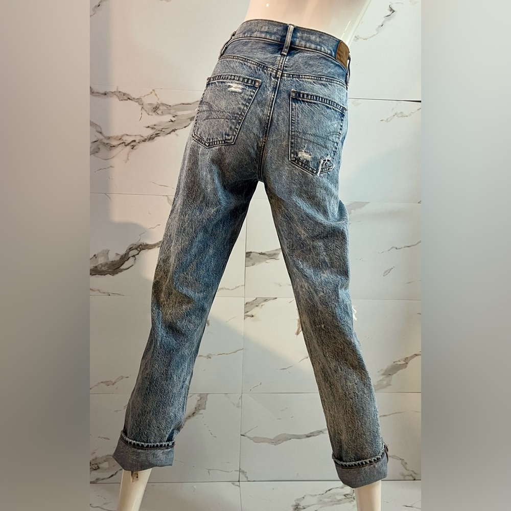 American Eagle 100% Cotton Ripped Relaxed Fit Plaid Patch Jeans Size 0 - Picture 3 of 8